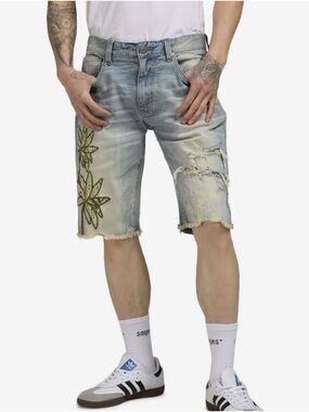 NWT SMOKE RISE NY Distressed Denim Shorts w Patchwork Floral Embroidery Size 38